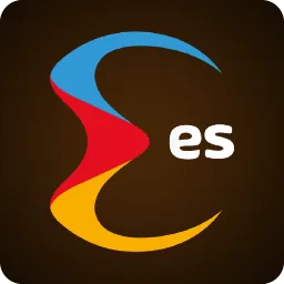 โลโก้ค่ายเกมรูปตัวอักษร es สีแดงน้ำเงินบนพื้นดำ